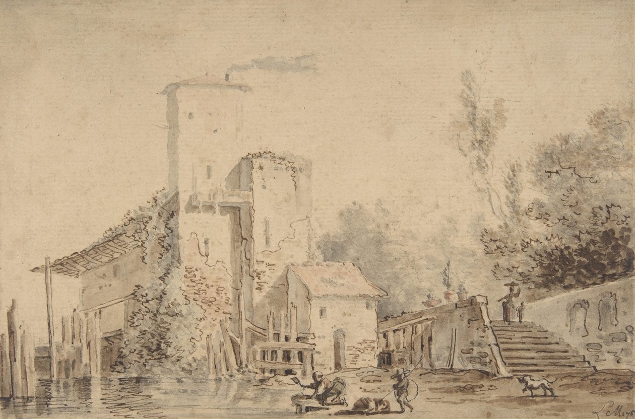 Gårdshus ved en elv med figurer, 1765. av Louis Gabriel Moreau