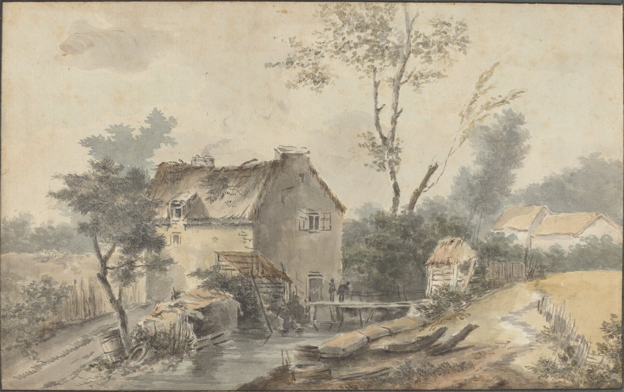 Mølle med bro og figurer av Louis Gabriel Moreau the Elder