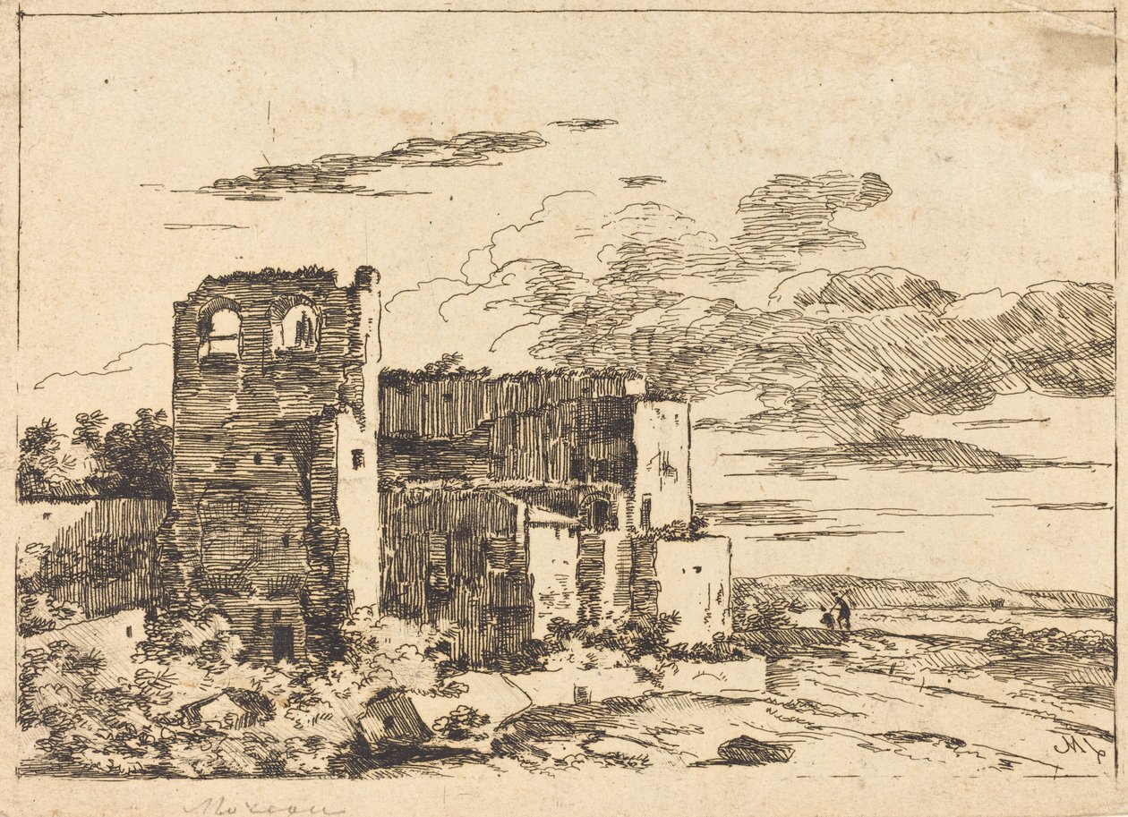 Ødelagte bygninger nær en elvebredd av Louis Gabriel Moreau the Elder