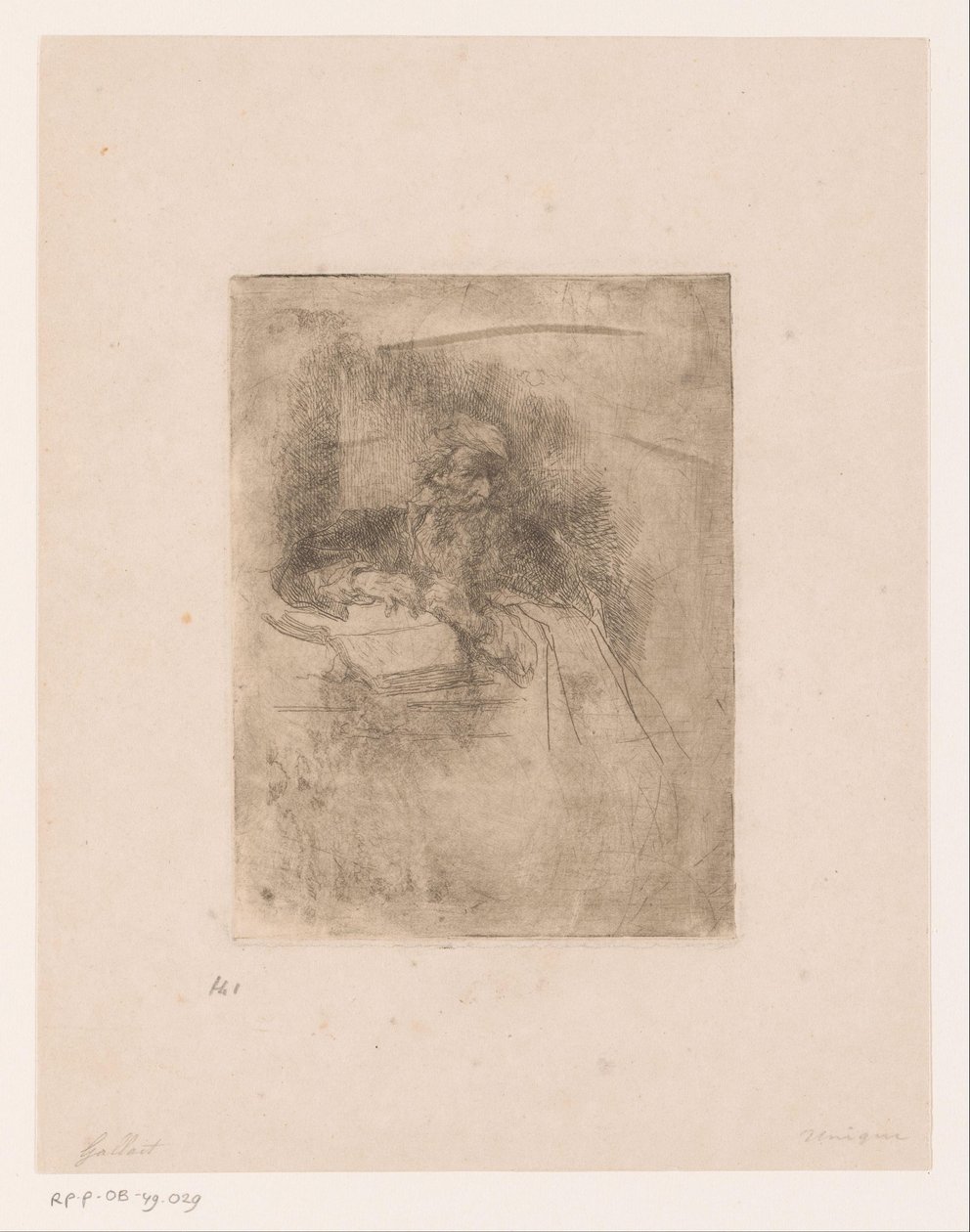 Gammel mann med skjegg lener seg på en åpen bok av Louis Gallait (attributed to)