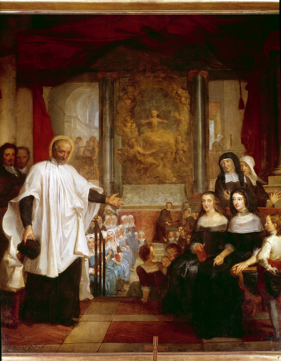 Saint Vincent de Paul besøker institusjonen for barn som ble funnet foran veldedighetsdamene. maleri av Louis Galloche fra 1732.Paris, Saint Marguerite-kirken av Louis Galloche