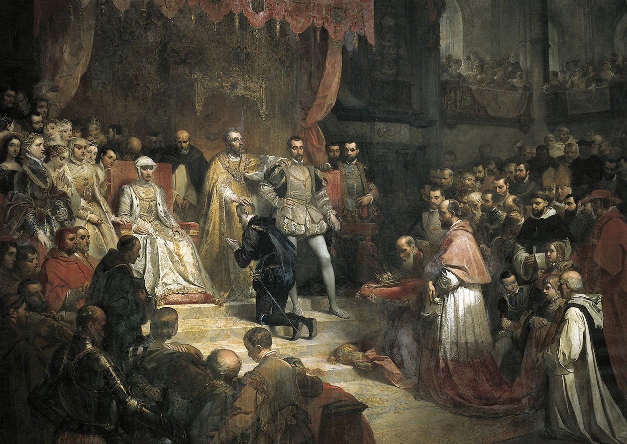 Abdikasjonen av Charles V (1500-1558) til fordel for sønnen Filip II (1527-1598) av Louis Galna