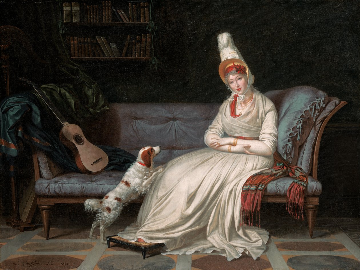 Portrett av Elizabeth, Lady Webster, senere Lady Holland, i en hvit kjole med sin spaniel Pierrot, ca. 1795 av Louis Gauffier