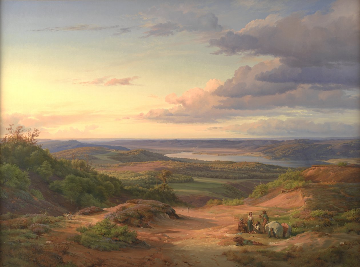 Et landskap nær Himmelbjerget, Jylland. I forgrunnen en sigøynerfamilie av Louis Gurlitt