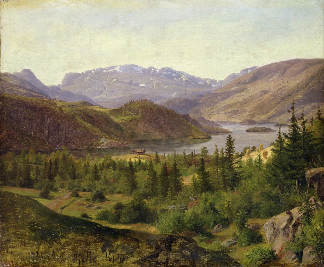 Hjelle i Valders, Tile Fjord, 1835 (olje på lerret på papp) av Louis Gurlitt