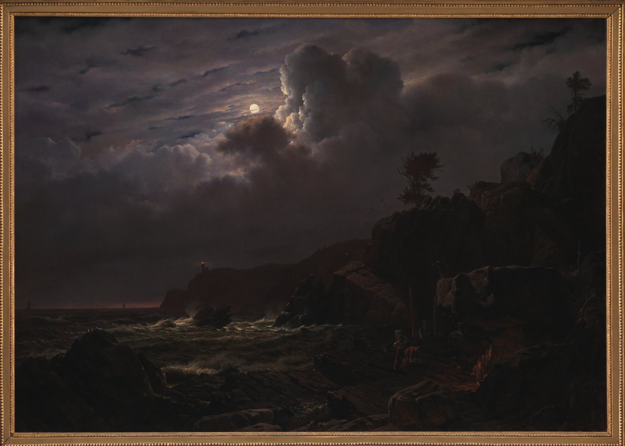 Utsikt over Kullen i Sverige. Smuglere som gjemmer varene sine blant steinene. Måneskinn av Louis Gurlitt