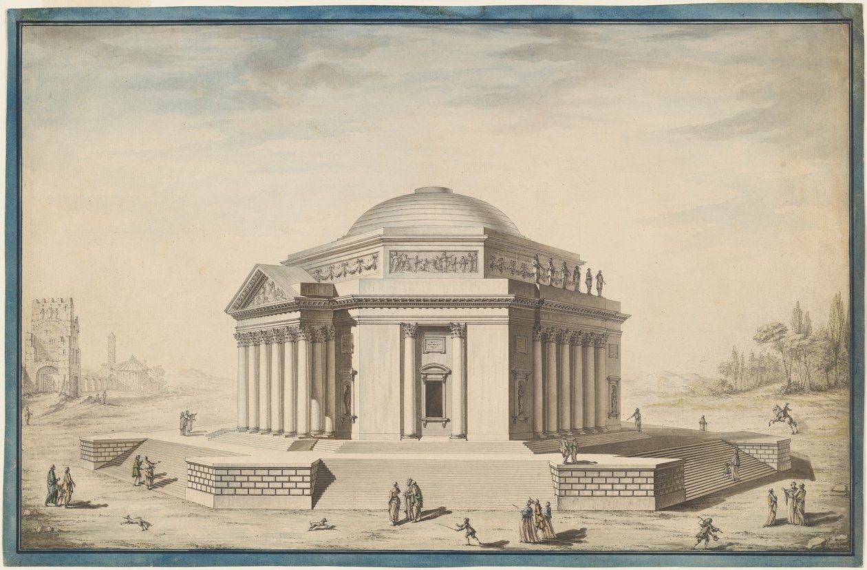 Sekskantet tempel i et italiensk landskap av Louis Gustave Taraval