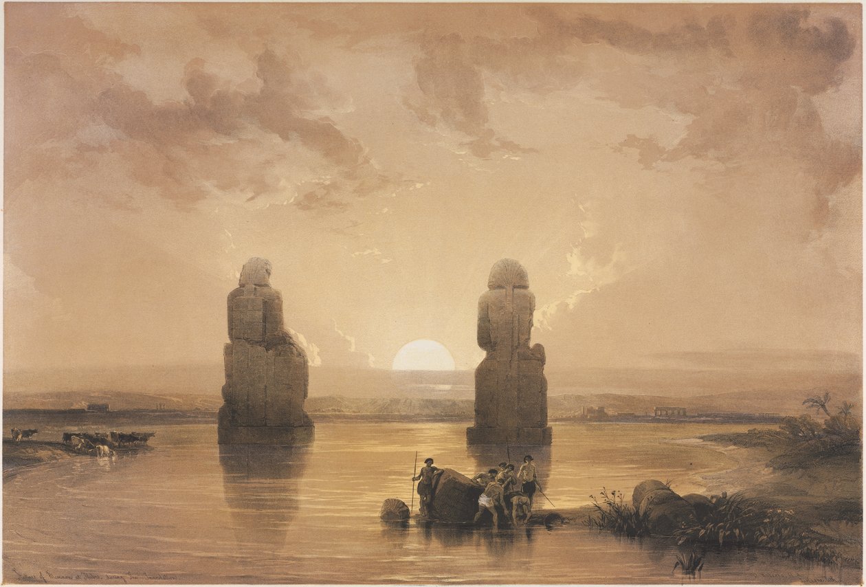 Egypt og Nubia, bind II: Statuer av Memnon ved Theben, under oversvømmelsen av Louis Haghe