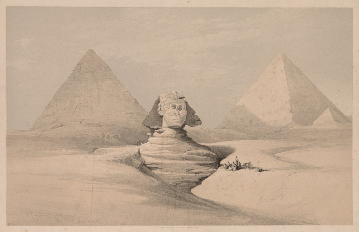 Egypt og Nubia: bind I - nr. 18, Den store sfinksen, Pyramidene i Gizeh, sett forfra av Louis Haghe