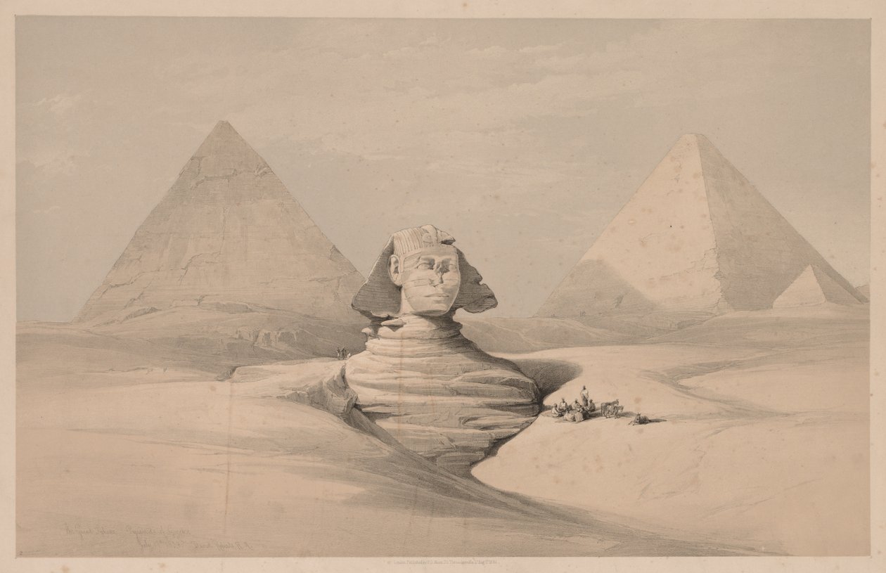 Egypt og Nubia: bind I - nr. 18, Den store sfinksen, Pyramidene i Gizeh, sett forfra, 1839. av Louis Haghe