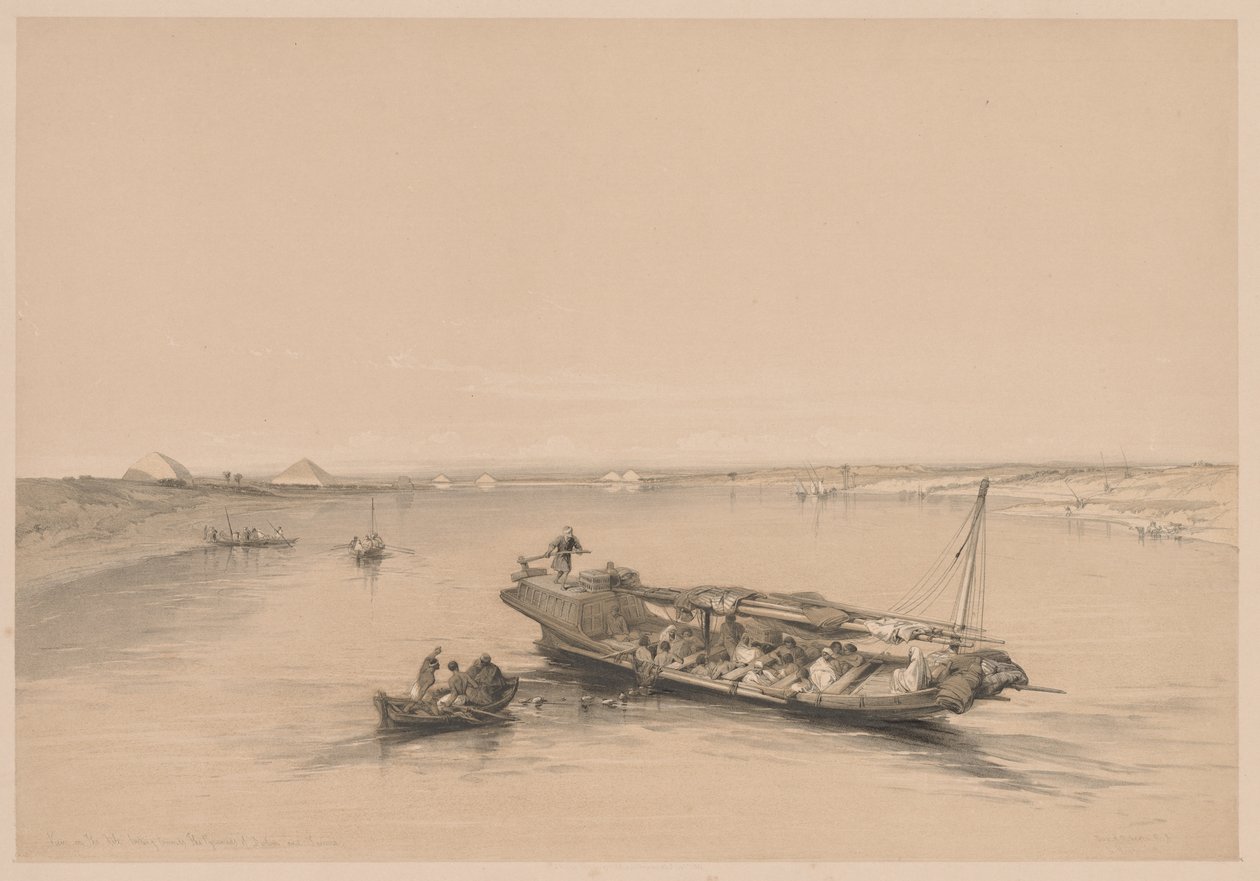 Egypt og Nubia: bind I - nr. 4, Slavebåter på Nilen, utsikt mot..., 1838. av Louis Haghe