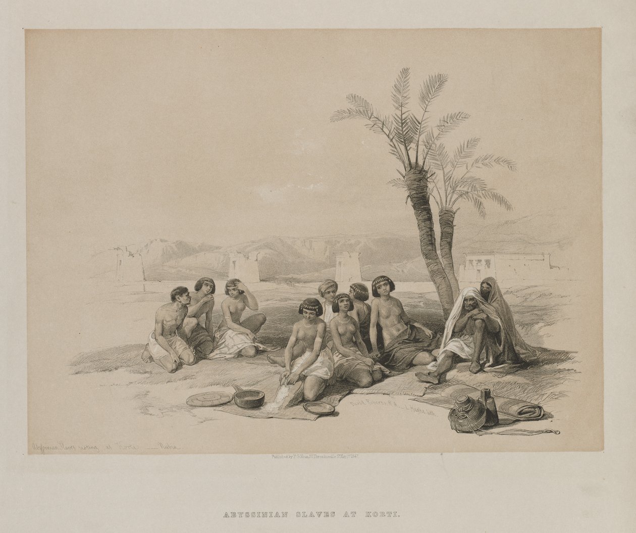 Egypt og Nubia, bind I: Abessiniske slaver hviler ved Korti-Nubia, 1847. av Louis Haghe