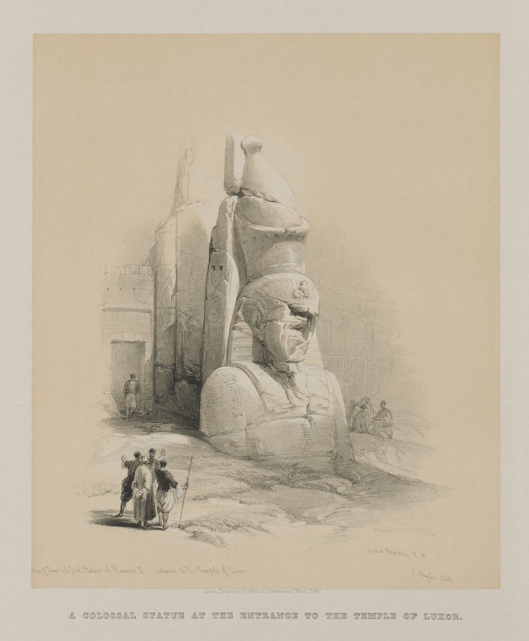 Egypt og Nubia, bind I: En av to kolossale statuer av Rameses II. Inngang til Luxor-tempelet av Louis Haghe