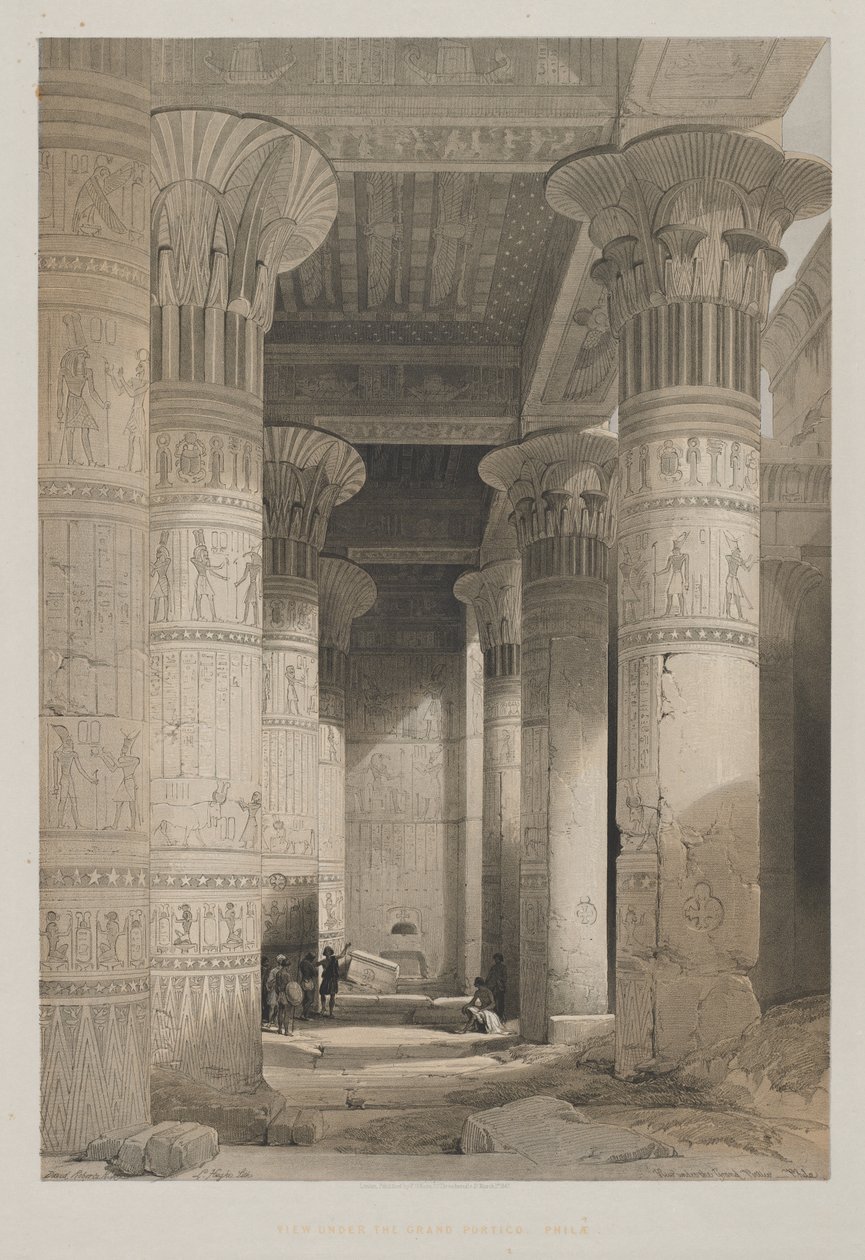 Egypt og Nubia, bind I: View Under the Grand Portico of the Temple, Philae, 1846. av Louis Haghe