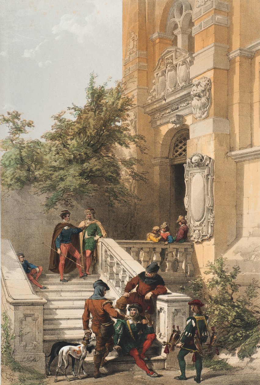 Heidelberg (tjenere og hoffmenn på marmorverandaen til et slott), 1850 av Louis Haghe