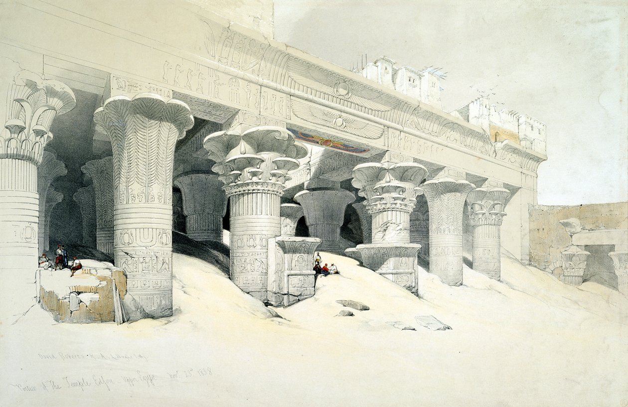 Portiko av sandsteintempelet til Edfu dedikert til den falkehodede guden Horus, Egypt, 1838 av Louis Haghe