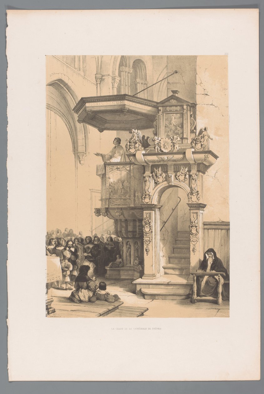 Presten henvender seg til en folkemengde fra prekestolen i Trier domkirke La chaire de la Cathédrale de Trèves (tittel på objekt) av Louis Haghe