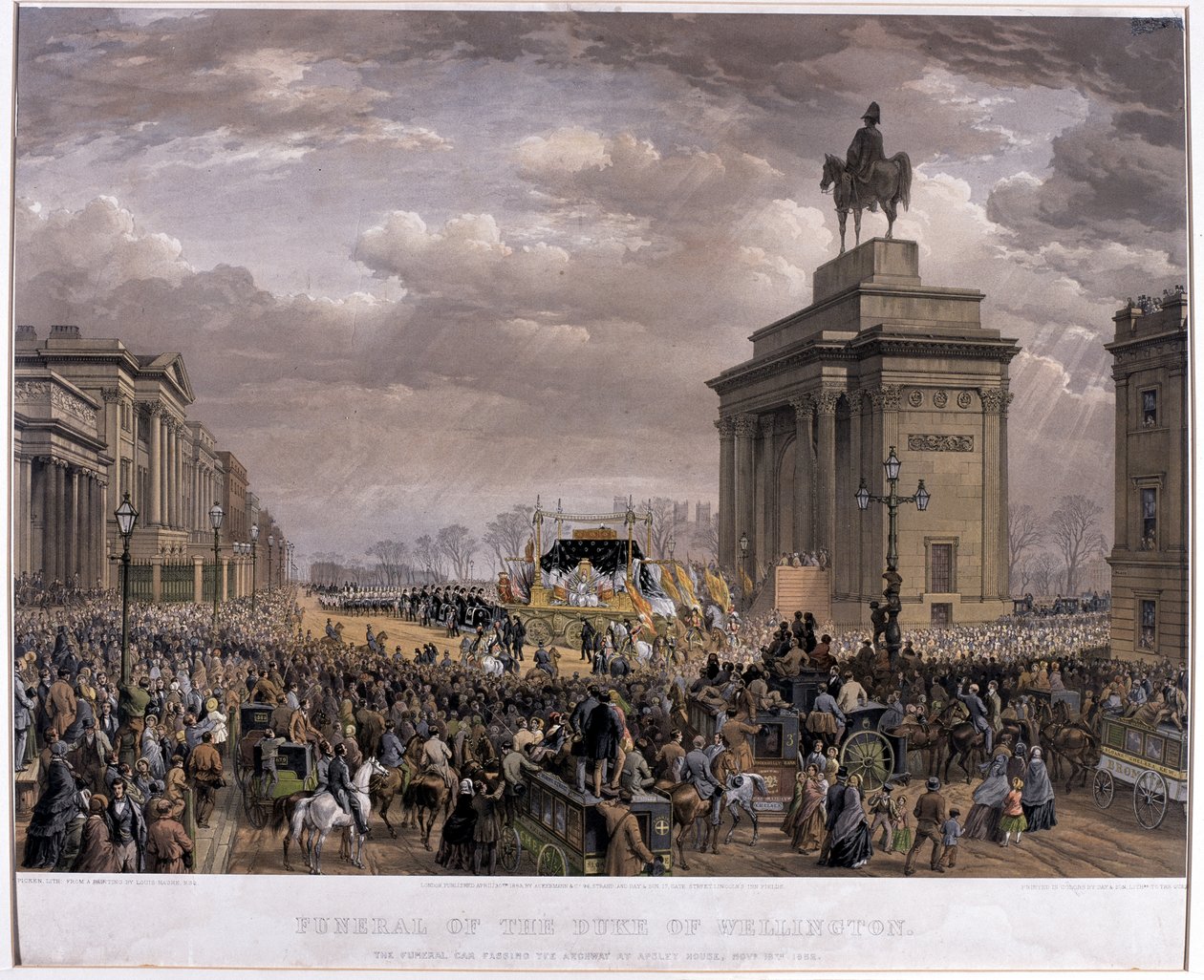 Hertugen av Wellingtons (1769-1852) begravelsesbil passerte Archway ved Apsley House 18. november 1852, 1853 av Louis Haghe