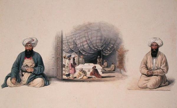 Khan Shereen Khan og Hagee Khan Kaiker som flankerer et interiørbilde av Dost Mohameds grav, fra Characters and Costumes of Afghuanistan