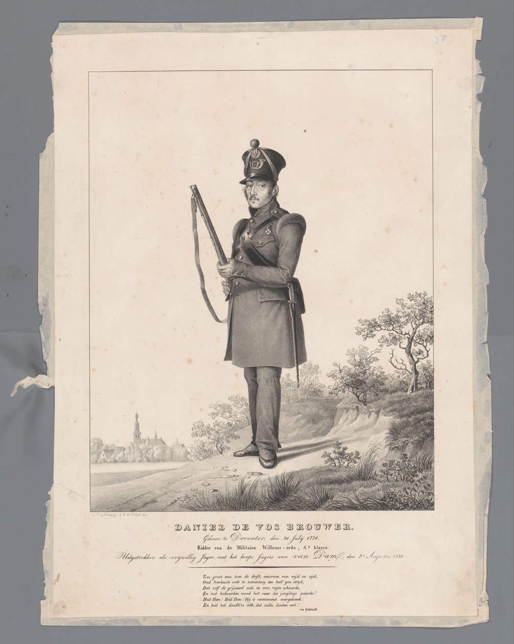 Daniel deVos Brewer. Født i Deventer, 30. juli 1770. Ridder av den militære Vilhelmsorden, 4. klasse. Dratt ut som frivillig jeger, med Van Dam Hunters Corps, 2. august 1831 av Louis Henri de Fontenay