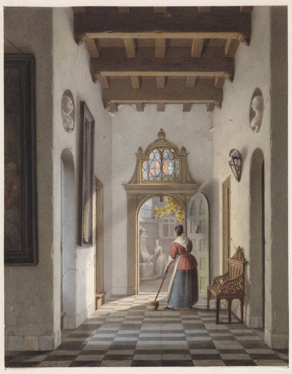 Jente som feier gangen i et hus av Louis Henri de Fontenay