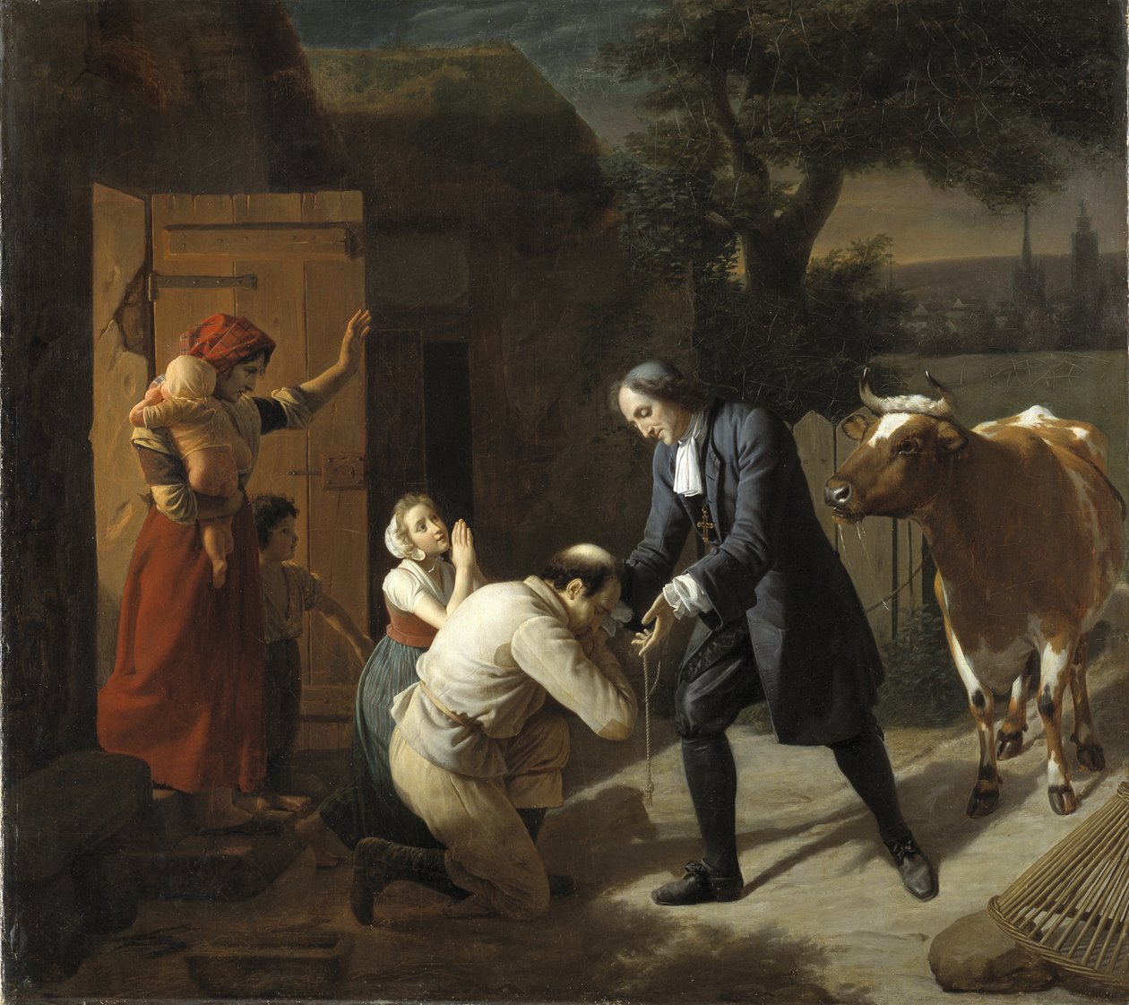 Francois Fenelon (1651-1715) bringer tilbake en ku stjålet fra en bonde - Fenelon returnerer en stjålet ku til en bonde, av Hersent, Louis (1777-1860). Olje på lerret. Størrelse: 97,5x109,5cm. Nationalmuseum Stockholm av Louis Hersent