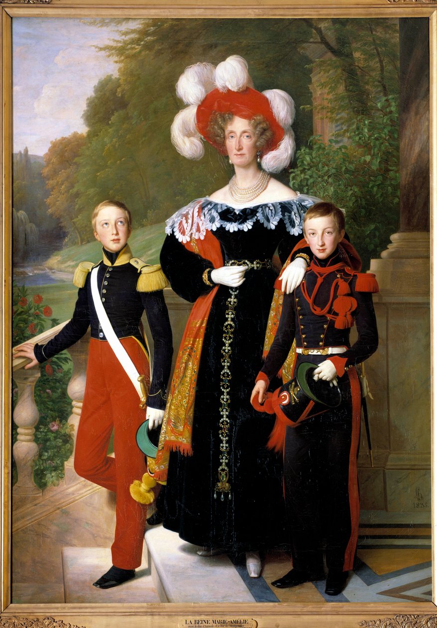 Dronning Marie-Amelie og to av hennes sønner, hertugen av Aumale i uniform som soldat for det lette infanteriet og hertugen av Montpensier i skytsuniform, foran utsikt over parken til slottet Neuilly ca. 1833 av Louis Hersent
