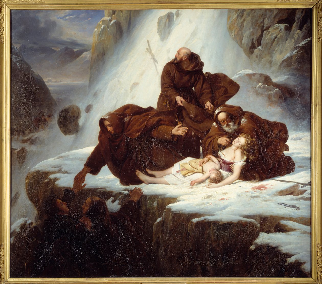 De religiøse på hospitset til Saint Gotthard (San Gottardo) gir lindring til familier berørt av brigandene Maleri av Louis Hersent (1777-1860) 1824 av Louis Hersent