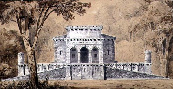 Utsikt over Gendarmerie Imperiale, ca. 1825 (penn og blekk og vask på papir) av Louis Hippolyte Lebas