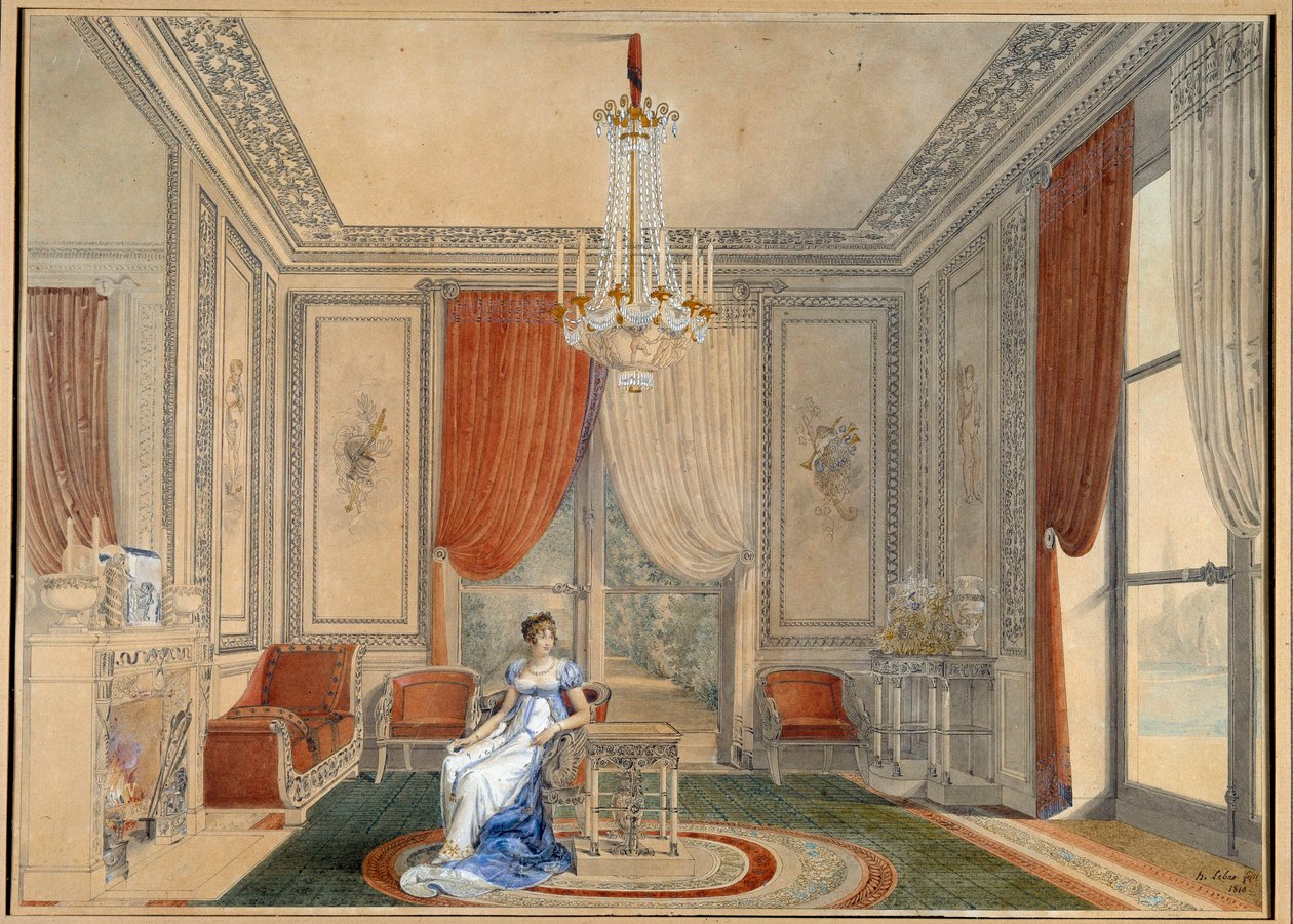 Utsikt over sølvsalongen ved Elysee-palasset på Caroline og Joachim Murats tid. Akvarell av Louis Hippolyte Lebas (1782-1867) 1810 privat samling av Louis Hippolyte Lebas