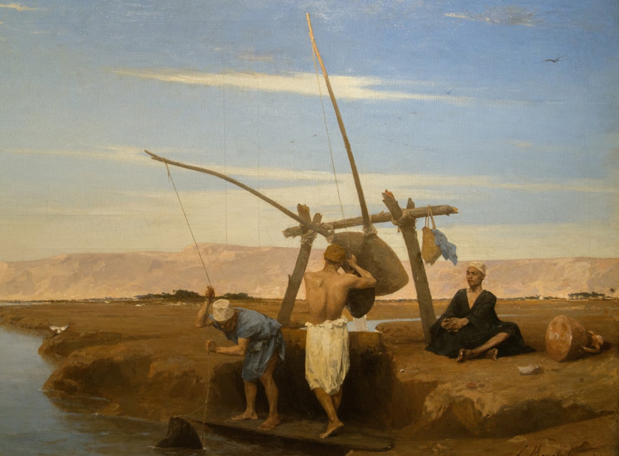 En Shadouf i Øvre Egypt (Olje på tre fra 1874) av Louis Hippolyte Mouchot
