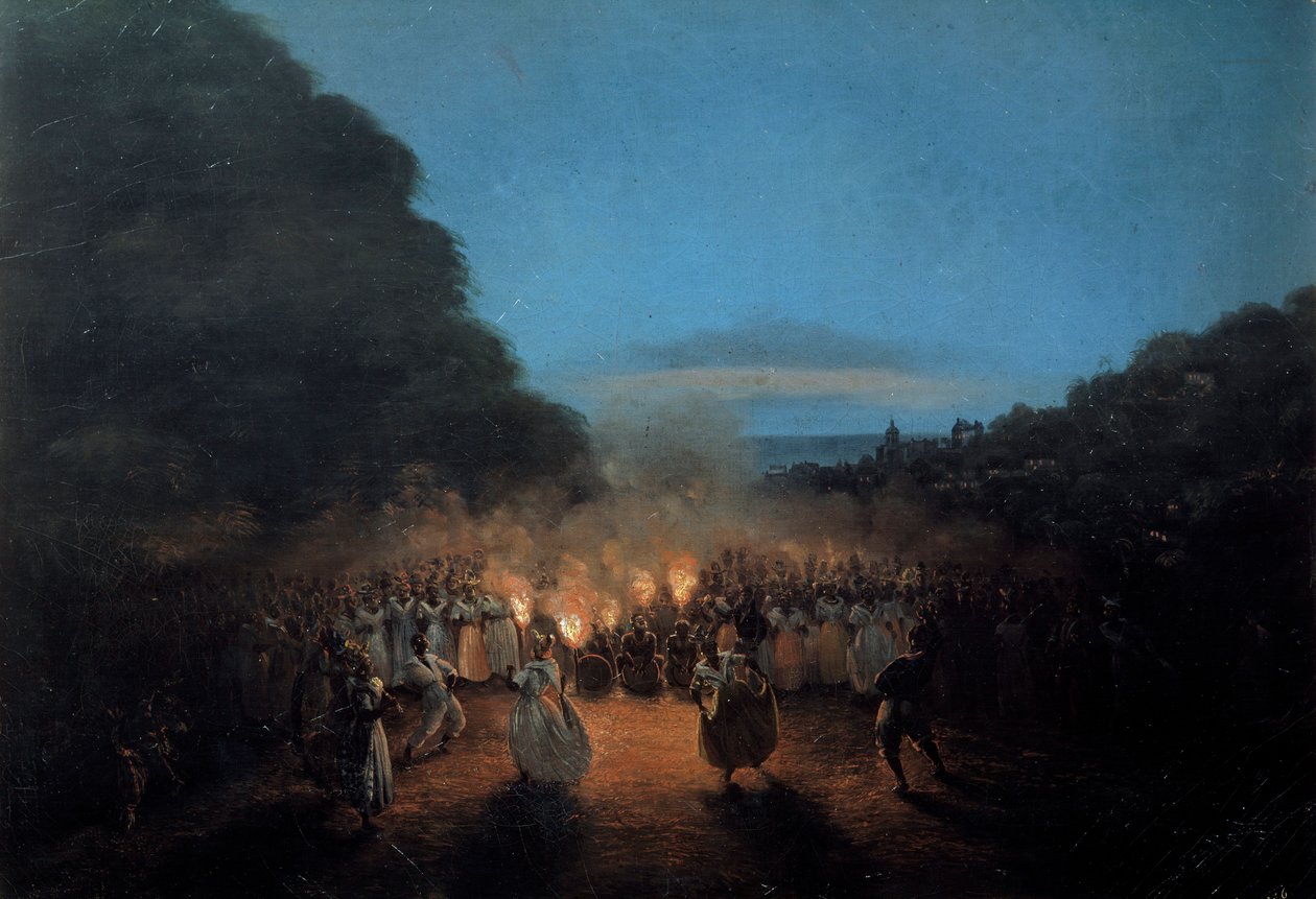 Bamboulaen danser en gang bambus (eller pinner) i Vestindias svarte slavedansescene i lyset av fakler. Maleri av Honore Gamain (1803-1871) La Rochelle fra 1800-tallet, Museum of the New World av Louis Honore Gamain