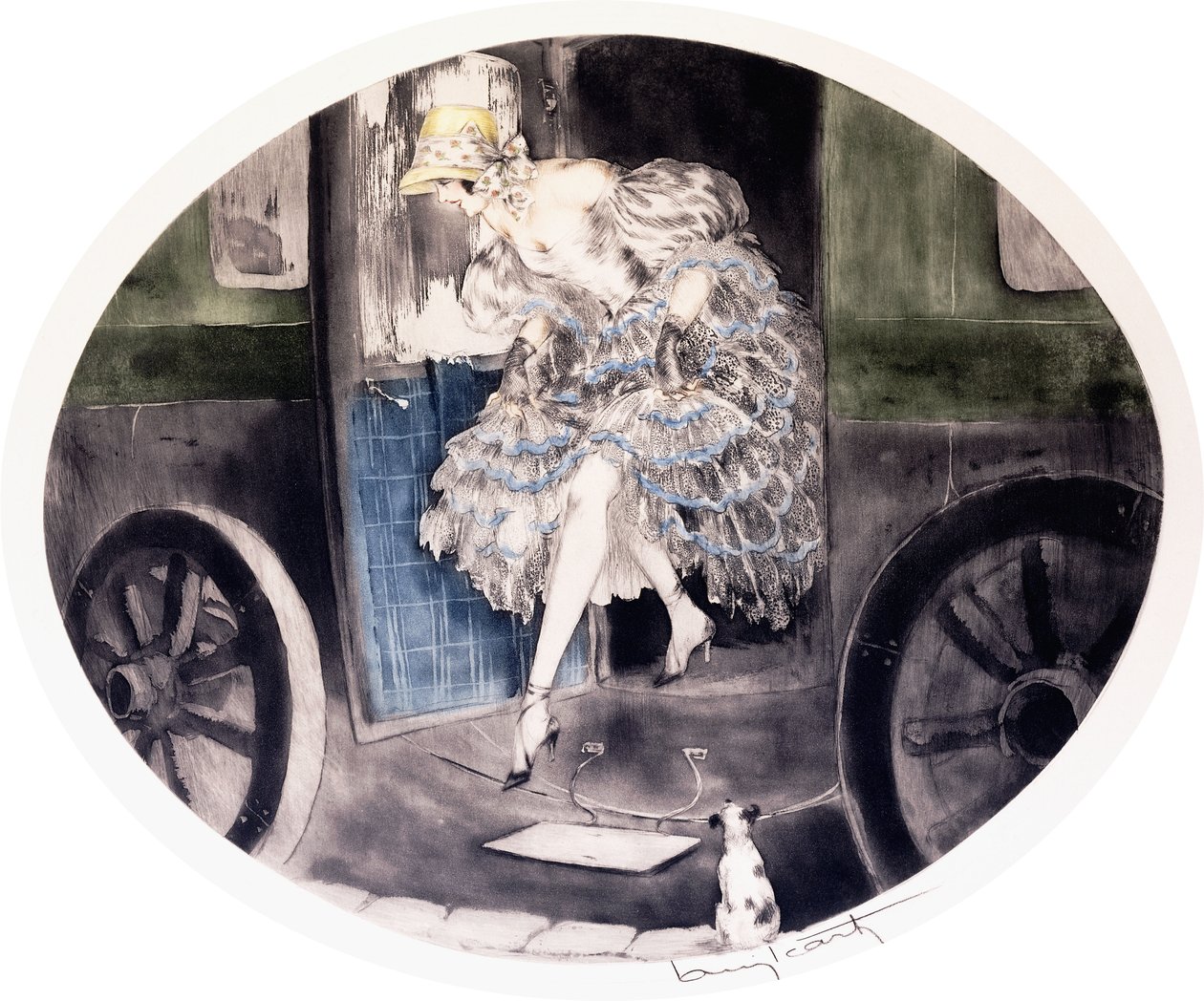 Avstigning fra vognen, ca. 1920-1930-tallet (etsing og akvatint) av Louis Icart