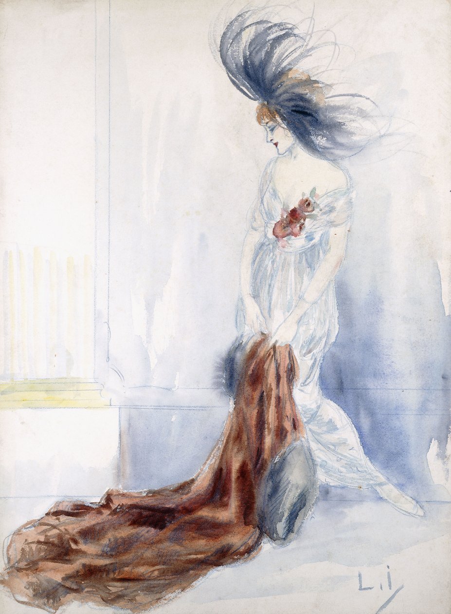 Elegant dame med pelshatt og pelsfrakk av Louis Icart