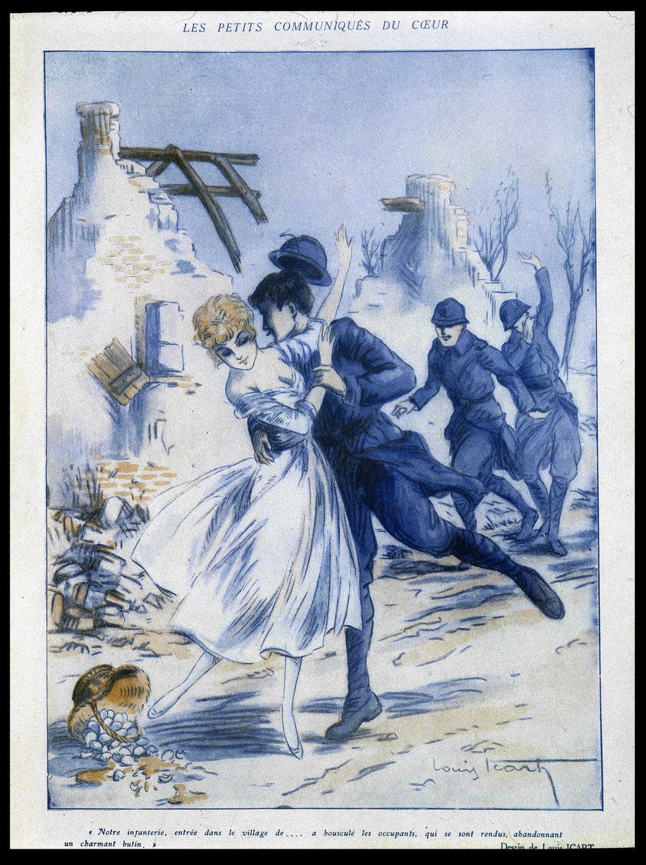 Soldater som kommer inn i byen, en som kysser en kvinne, "" sjarmerende bytte"", Illustrasjon av Louis Icart (1888-1950) I "" Fantasio"" 15/12/1915 av Louis Icart