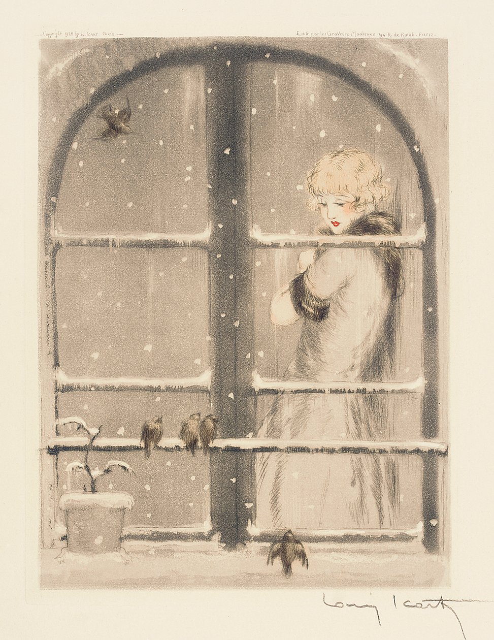 The Four Seasons: Winter, ca. 1928 (håndfarget tørrnipp og akvatint) (se også 745548-50) av Louis Icart