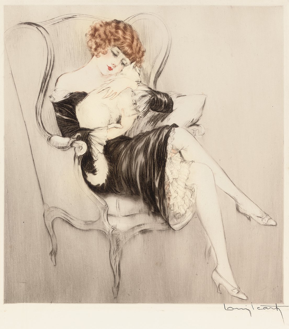 The Sleeping Cat (håndfarget etsning og akvatint) av Louis Icart