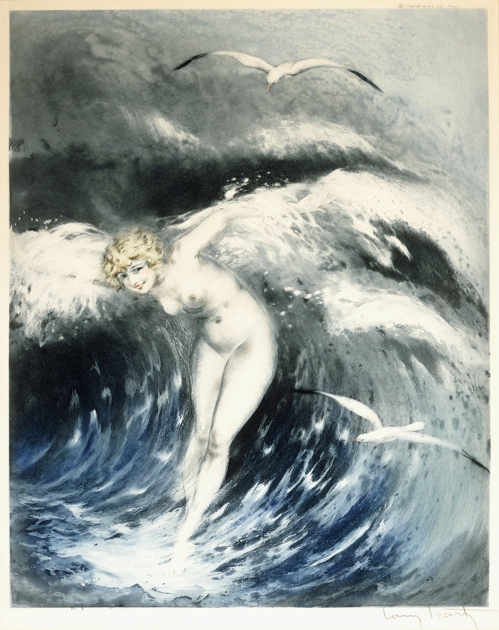 Venus i bølgene, ca. 1931 (fargetsing og tørrnipp) av Louis Icart