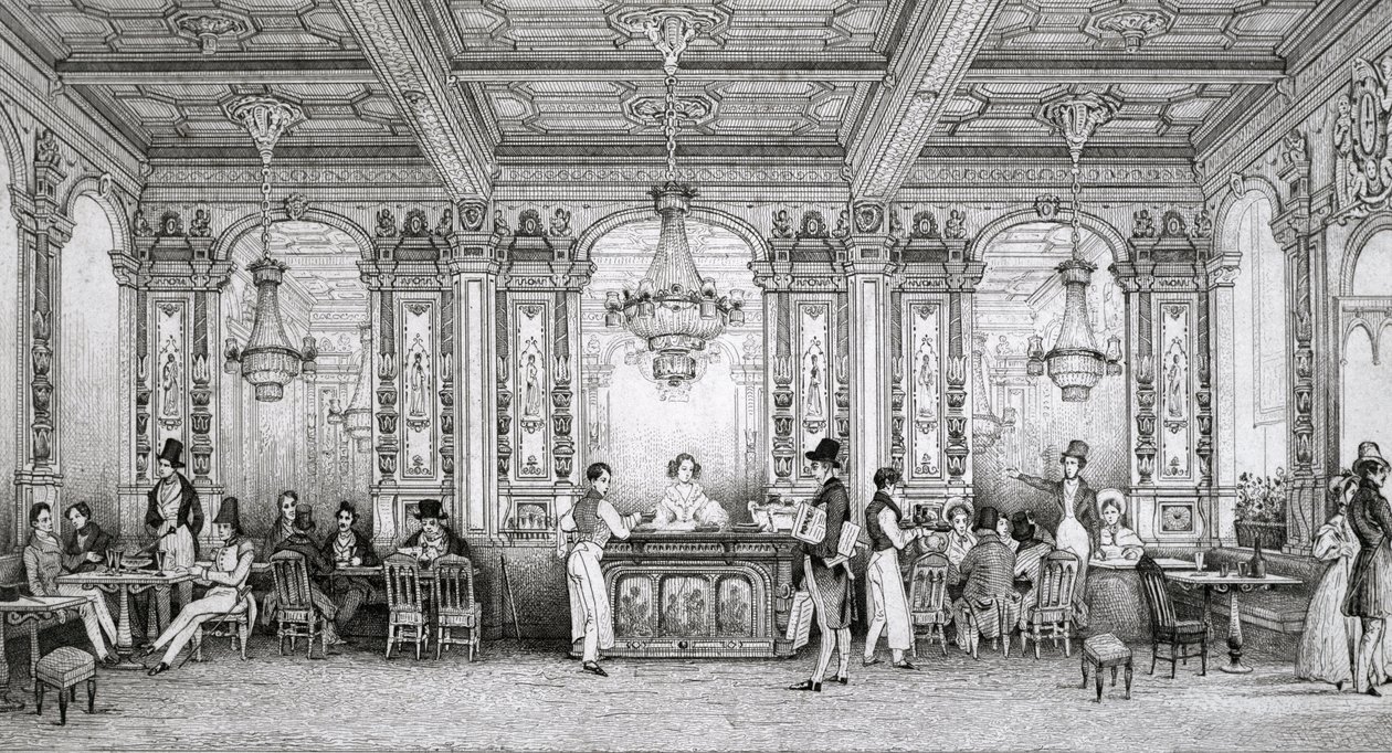 Cafe de la Banque de France built by architect Dusillon and located Place de Victoire - Engraving of Schaal - 1839 - av Louis Jacques Nicolas Schaal