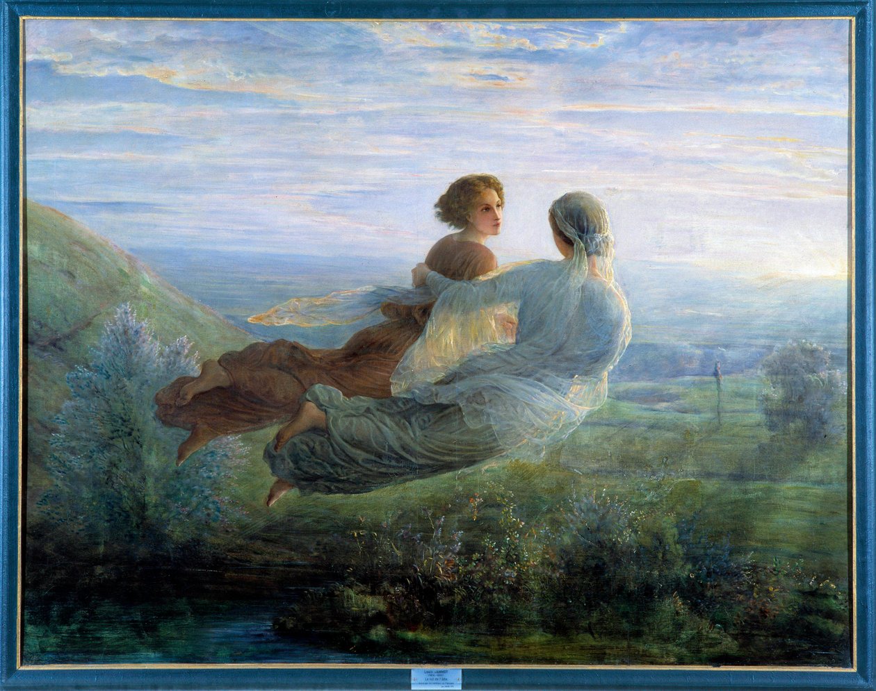 Sjelens dikt; Sjelens flukt, en ung kvinne hevet i luften over et grønt landskap og akkompagnert av en muse i en lyrisk atmosfære. Maleri av Louis Janmot (1814-1892) 1800-tallet. Lyon, Musee Des Beaux Artsv- Sjelens dikt: t av Louis Janmot