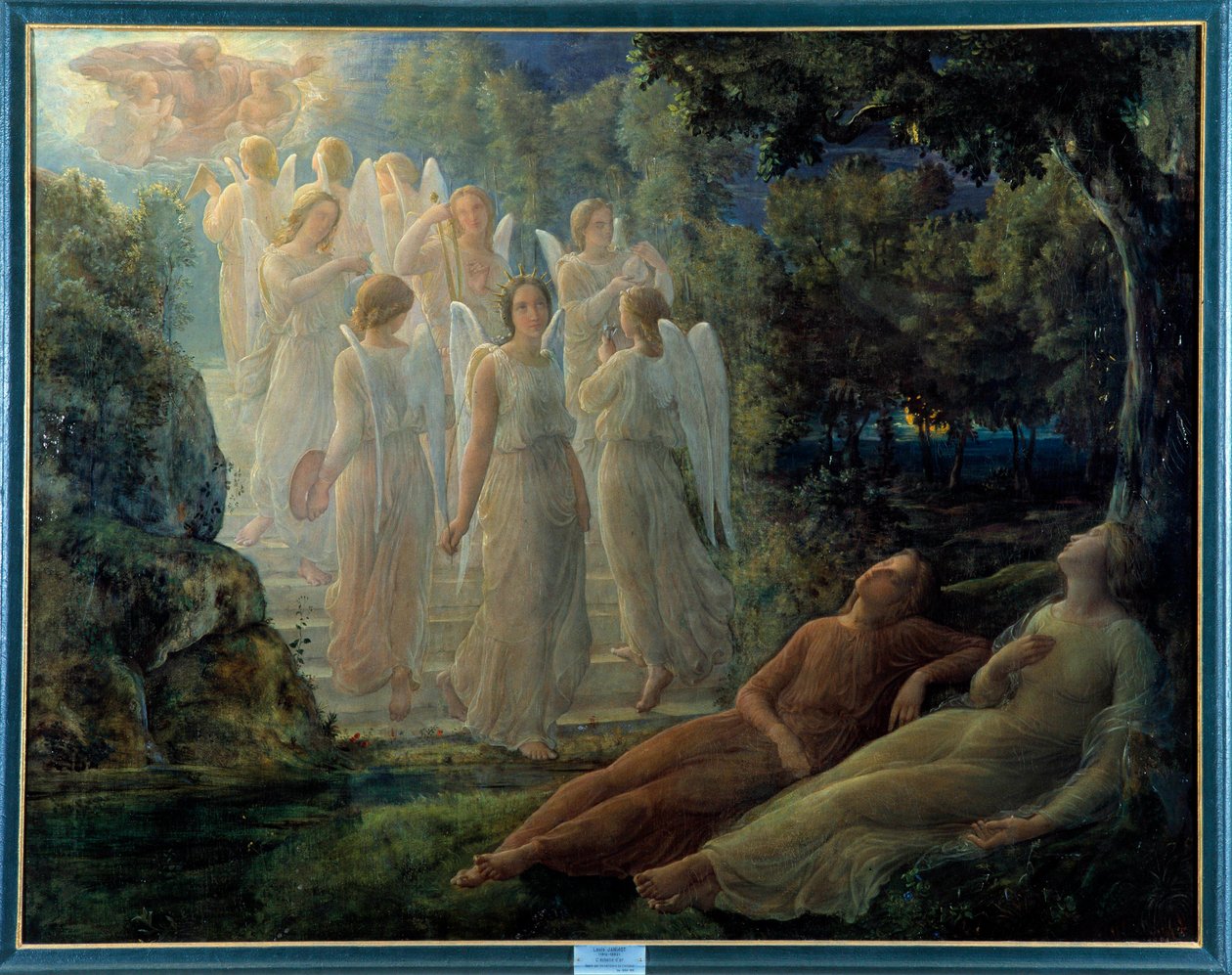 Sjelens dikt; Den gylne stigen, scenen har den lyriske atmosfæren, befolket med engler og gudsfiguren. Maleri av Louis Janmot (1814-1892) 1800-tallet. Lyon, musee des Beaux Arts - Sjelens dikt: gylden stige, scene med en lyrica av Louis Janmot