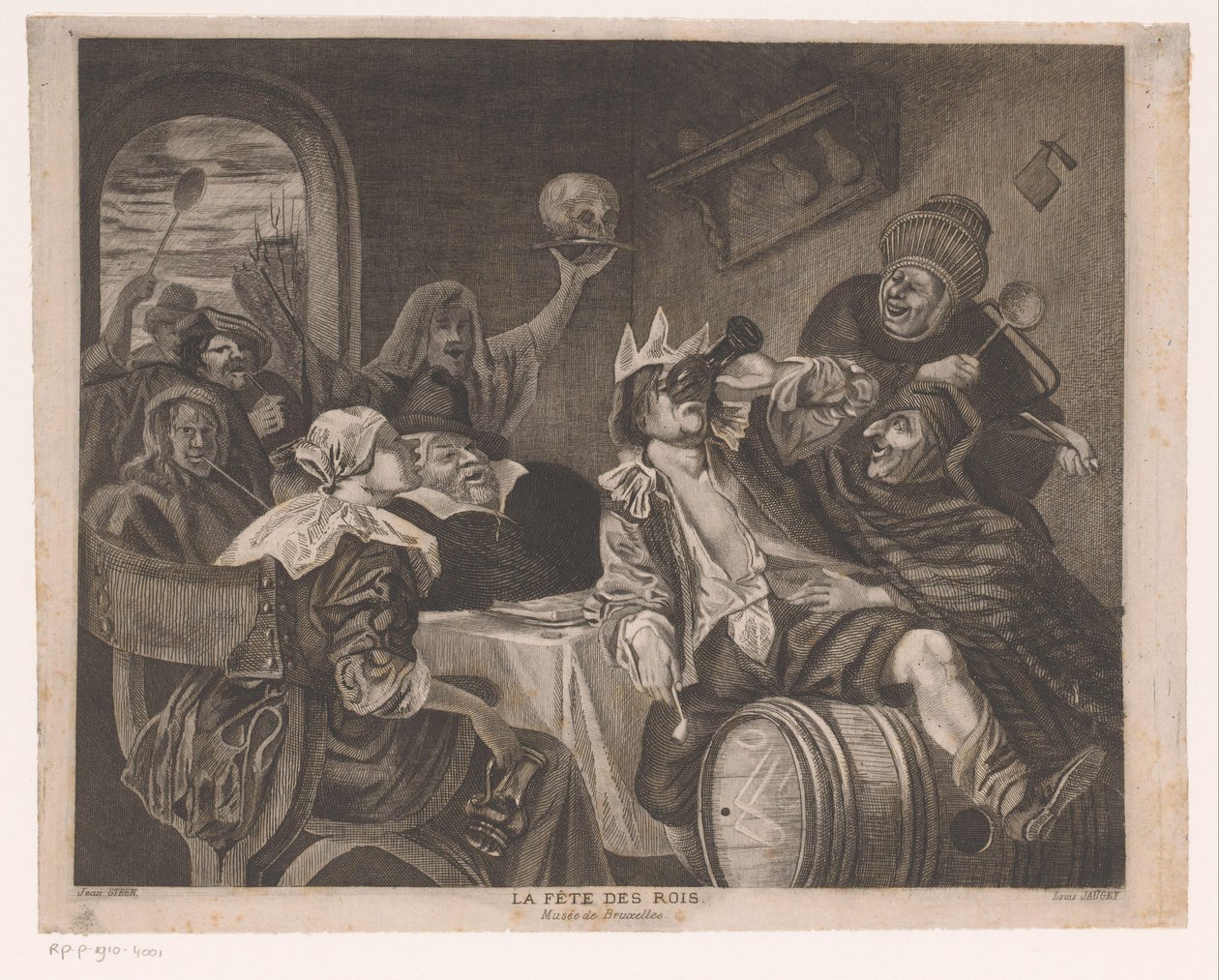 Festselskap med en drikkende mann med krone La fete des rois (tittel på objekt) Helligtrekongerfest av Louis Jaugey