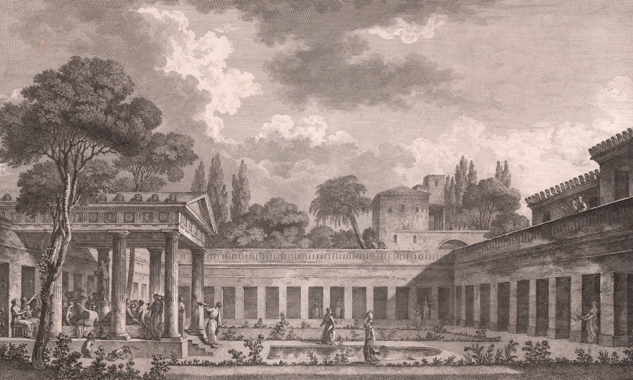 Ideell rekonstruksjon av Villa of Diomedes i Pompeii til sin opprinnelige tilstand før vulkanutbruddet av Vesuv i 79 e.Kr., Campania, Italia, etsning etter tegning av Louis Jean Desprez (1743-1804), ca 21x34 cm av Louis Jean (after) Desprez