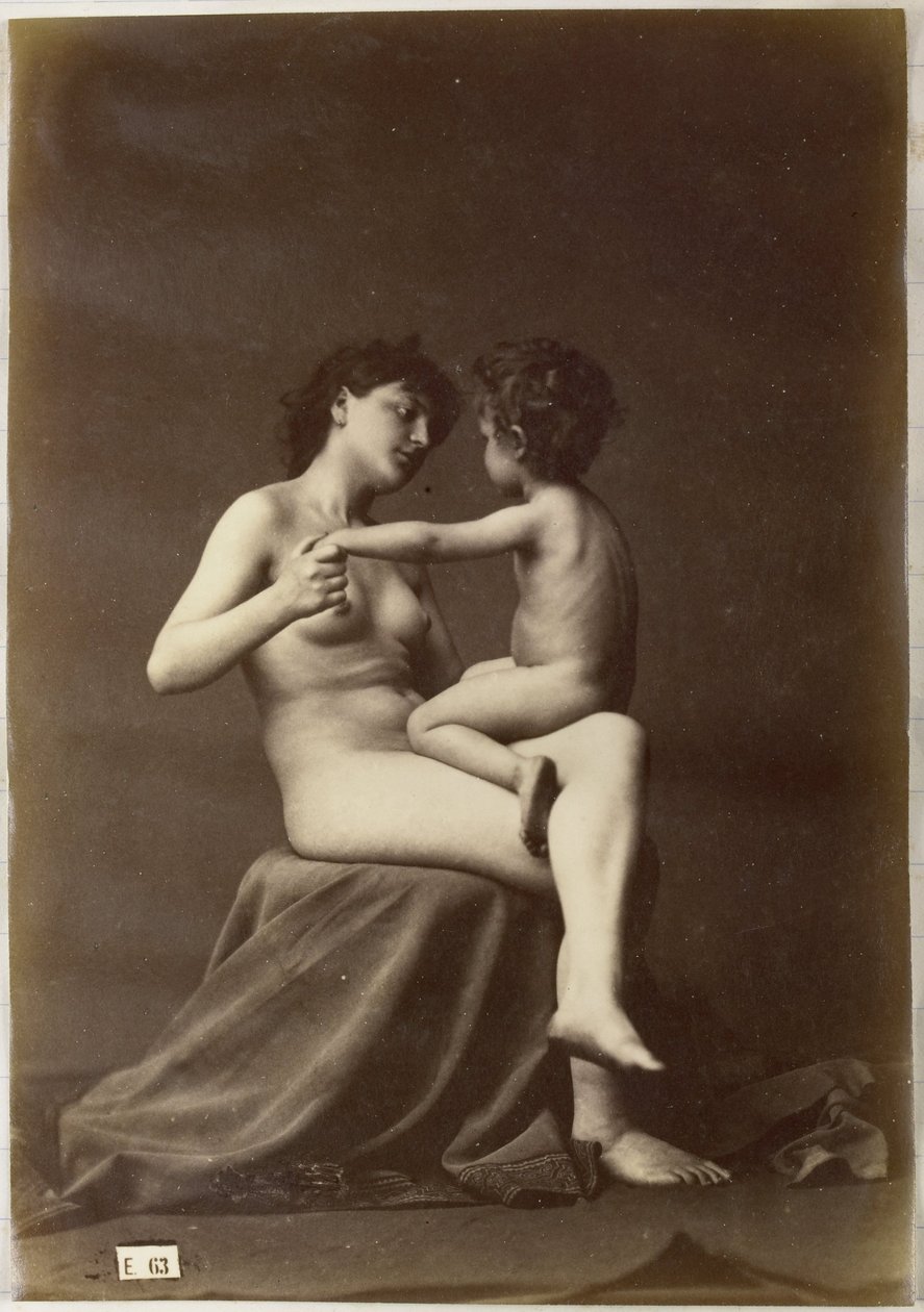 Studie av en naken kvinne som sitter med et nakent barn på fanget av Louis Jean Baptiste Igout (attributed to)