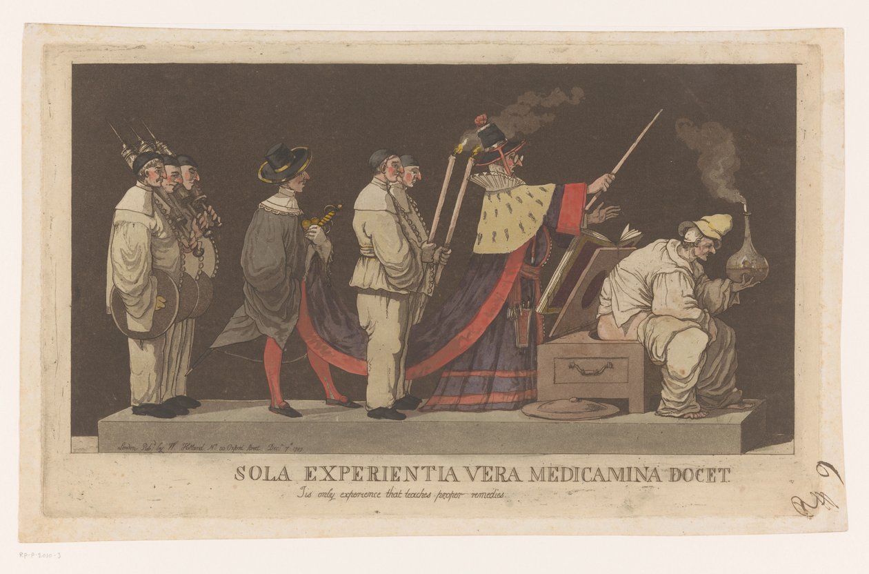 Parade med en kvakksalver Sola Experientia vera medicamina docet / Dette er eneste erfaring som lærer riktige rettsmidler (tittel på objekt) av Louis Jean Desprez (attributed to)