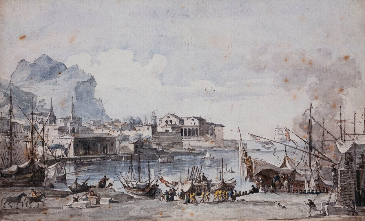 Utsikt over havnen i Palermo, 1777 av Louis Jean Desprez