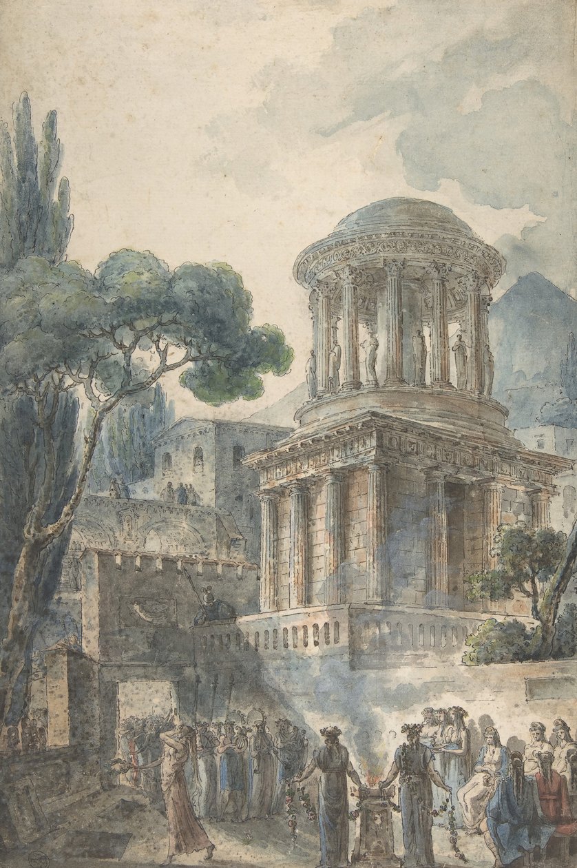 Eldgammel scene med en begravelsesseremoni for en skuespiller, ca. 1777. av Louis Jean Desprez