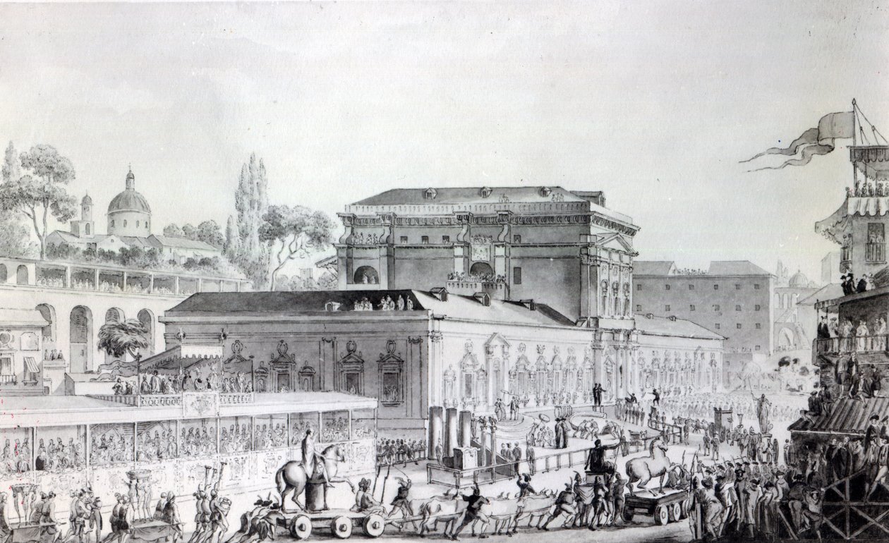 Antikviteter funnet ved Herculaneum blir fraktet til Napoli-museet, ca. 1782 (penn, blekk og akvarell på papir) av Louis Jean Desprez