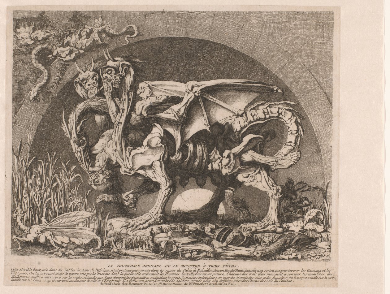 Chimera Chimaera The Chimera of Monsieur Deprez (original tittel) Det afrikanske trehodede monsteret eller det trehodede monsteret (tittel på objekt) av Louis Jean Desprez