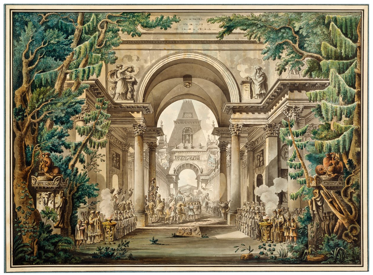 Prosesjon i et tempel. Scenografi for et teaterstykke, 1700- eller tidlig 1800-tall av Louis Jean Desprez
